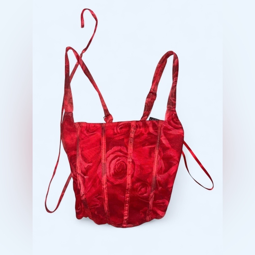 Windsor Red Rose Print Corset Bustier Top XS Lace-Up Back - Picture 6 of 11
